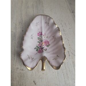 Lefton vintage pink shaped leaf trinket tray rose flower home decor figure